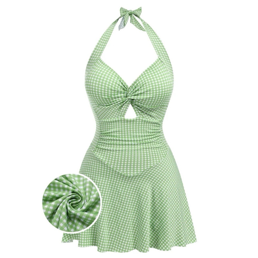 Retro Stage M Gingham Swim Dress Swimsuit Halter Pin Up Green Cottage Corset